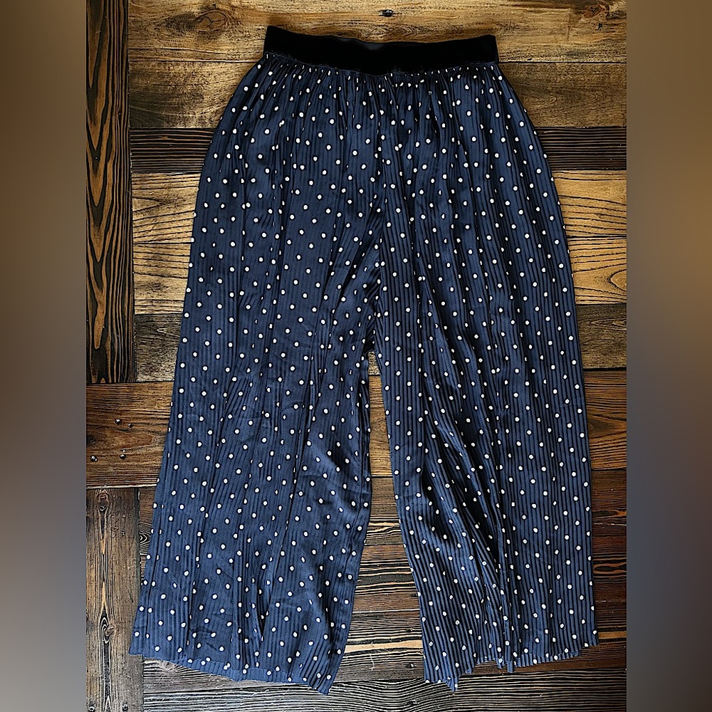 ZARA • Navy Polka Dot Wide Leg Pants Flowy Pull-On Boho Palazzo Lightweight S
